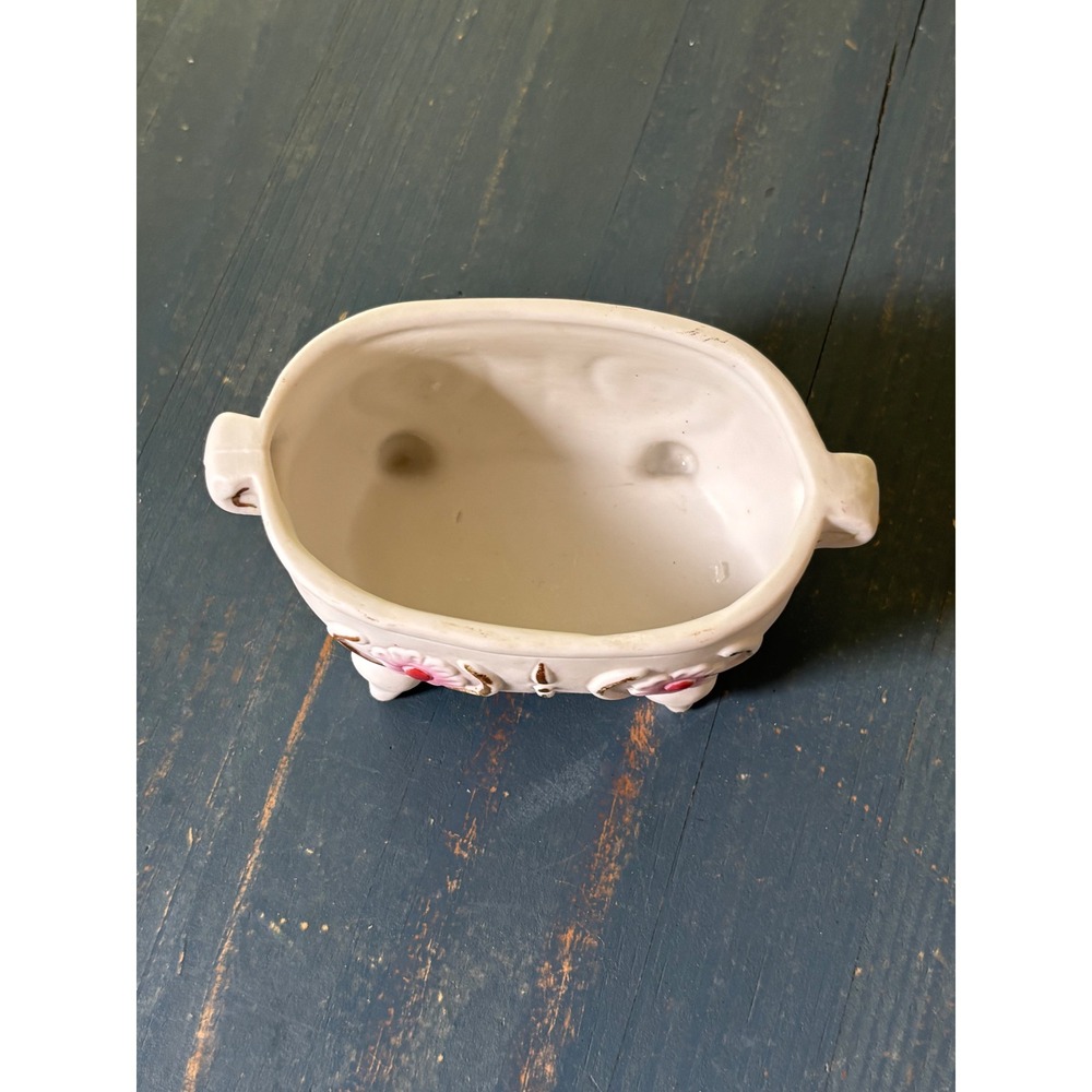 Vintage Ceramic Miniature Clawfoot Bathtub Planter Pink Floral Gold Trim 4.5in - Picture 3 of 7